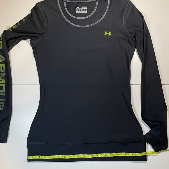 Under Armour Fitted ColdGear Long Sleeve Base Layer Top Womens S Black Neon Logo - Picture 6 of 11